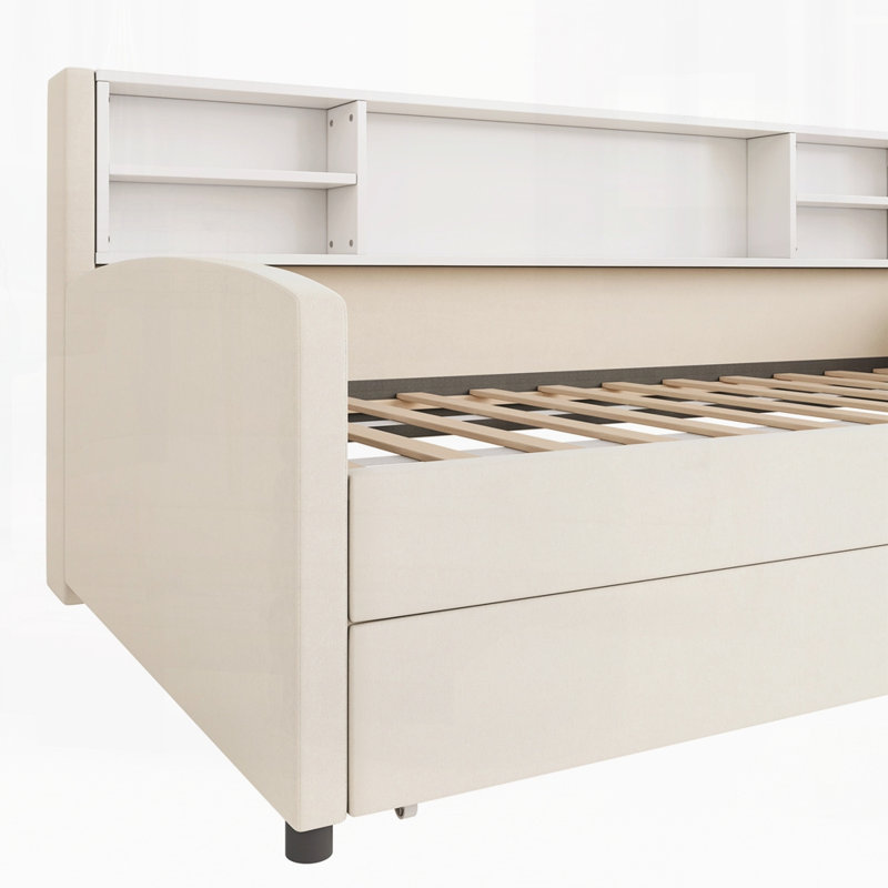 Lit plateforme tapissier avec rangement et tiroirs, Beige