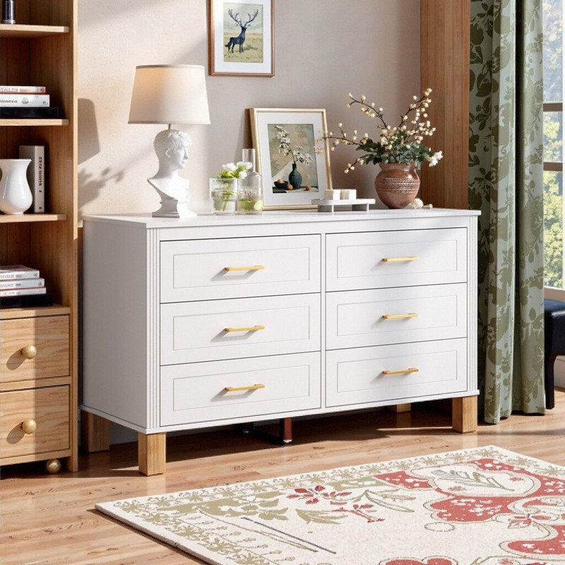 Scrigno 6-Drawer Double Dresser With Solid Wood Frame & Metal Handles, 47.24 L Storage Cabinet, White