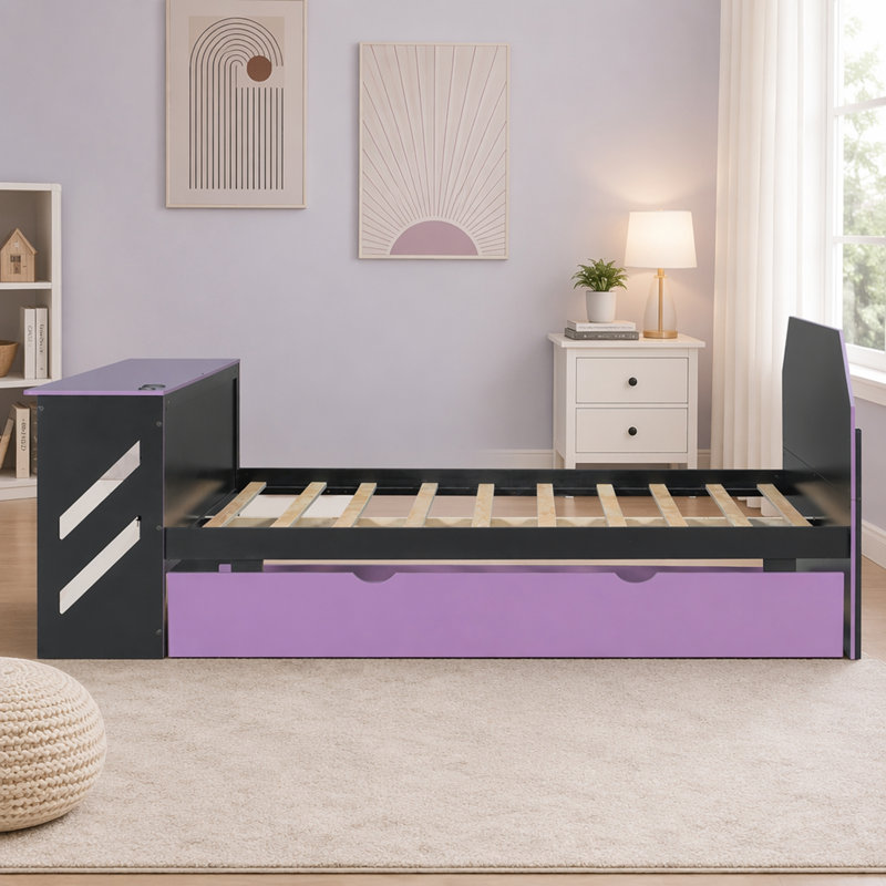 Lit de jour en bois pleine grandeur avec lit gigogne simple, bureau et USB