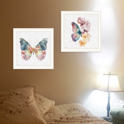 "Émergence de papillon en vol" 2 pièces par Nicole Decamp, reproduction encadrée prête à accrocher, cadre blanc