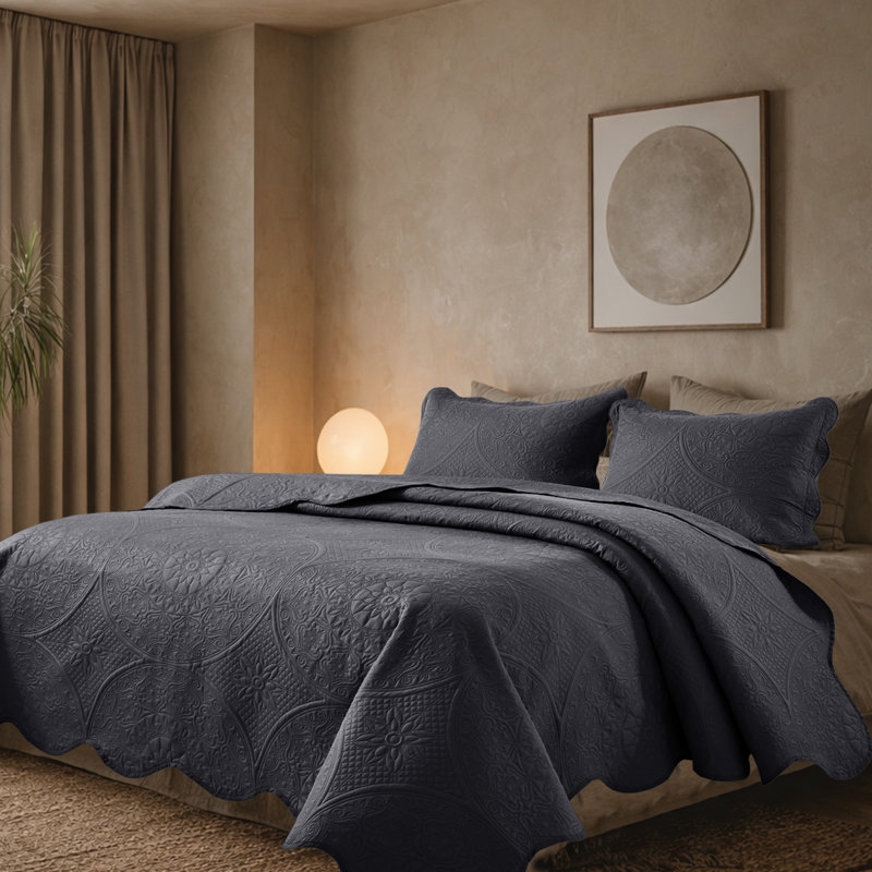 Floral Embossed Microfiber Quilted Bedspread Set, Charcoal, Queen Coverlet/Bedspread + 2 Standard Pillowcases