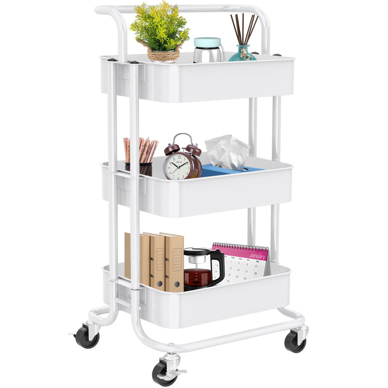 3-Tier Metal Rolling Utility Cart with Handle and Lockable Wheels, Anti-tipping Storage Organizer, White