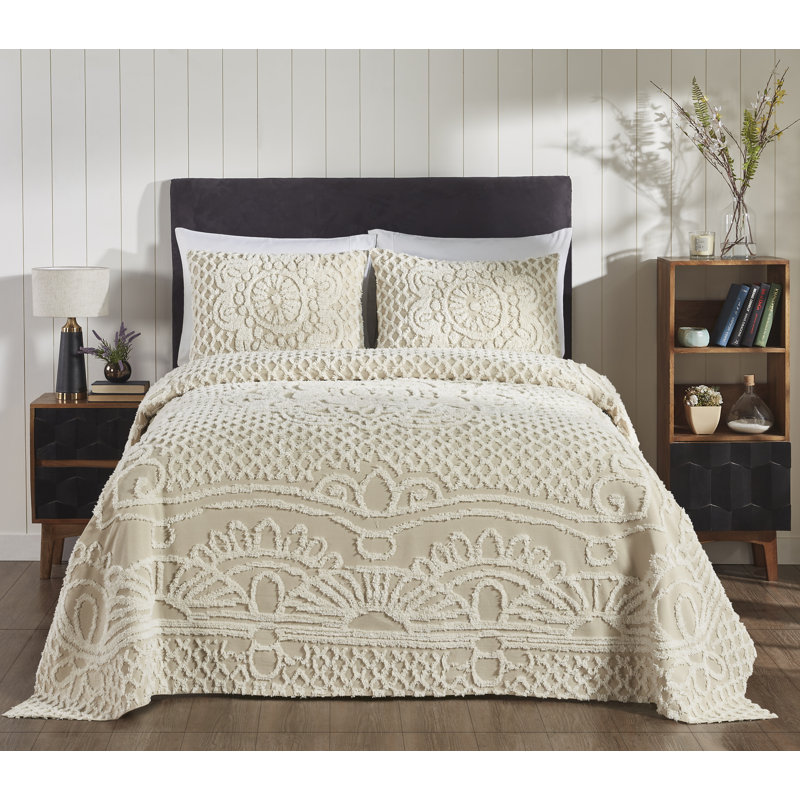 Natural/Beige 100% Cotton Heirloom Quality Traditional Oversized Coverlet/Bedspread Set  with Sham 