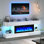Meuble télé 82 po avec prise de courant, grande console multimédia avec foyer de 50 po, centre de divertissement à DEL ultrabrillant moderne avec 8 tiroirs de rangement sans poignée