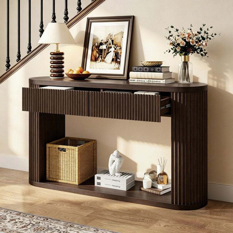 Console ovale cannelée avec 2 tiroirs et tablette inférieure, Espresso