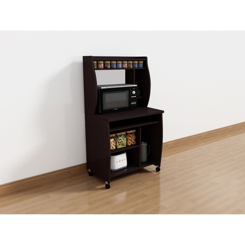 Chariot à micro-ondes avec support pour ordinateur portable et étagère à épices sur roulettes verrouillables, Espresso