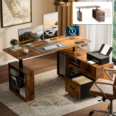 Bureau électrique en L de 160 cm (63 po) à hauteur réglable avec tiroirs de rangement, station d'alimentation intégrée, tablette pour écran et système de gestion des câbles, brun rustique
