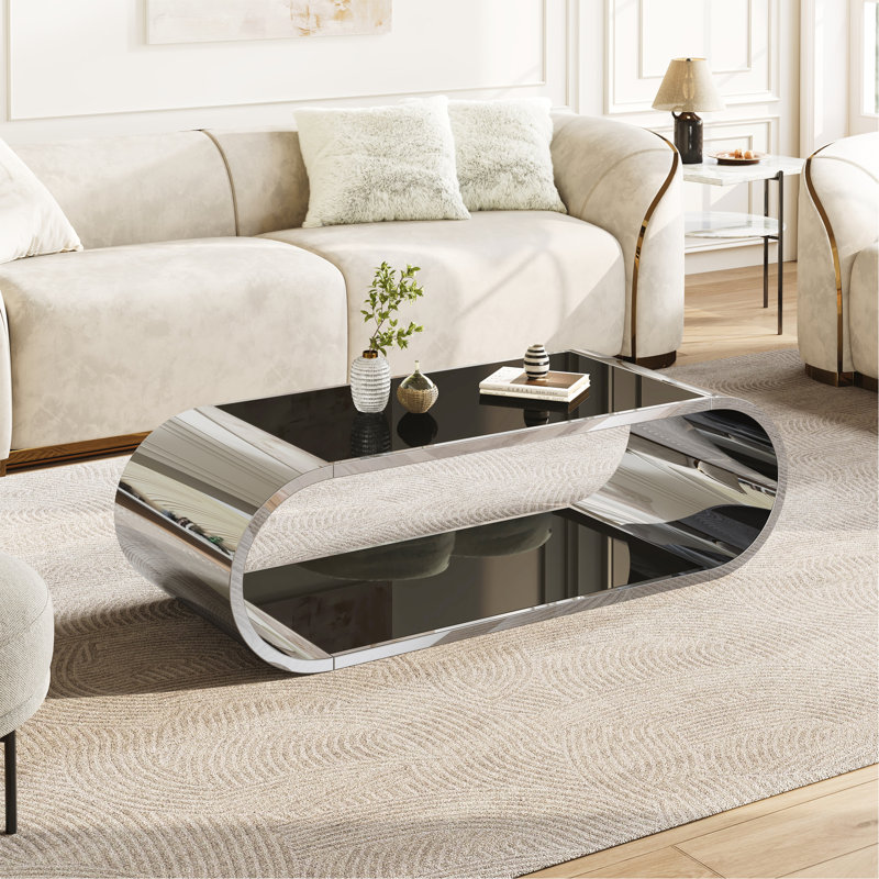 Table basse de 57 po en acier inoxydable argenté avec verre, table basse moderne pour le salon, plateau en verre à 2 niveaux avec design grand espace