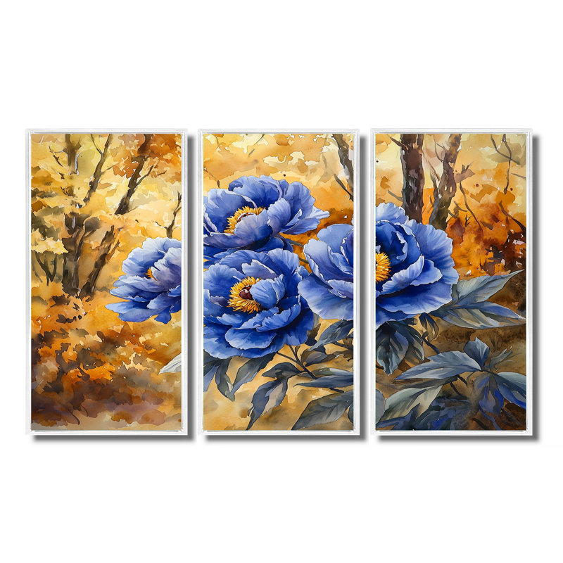 Pivoines bleues dans le verger - art mural pivoines pour le salon - ensemble de 3, H 40 po x l 60 po, Blanc