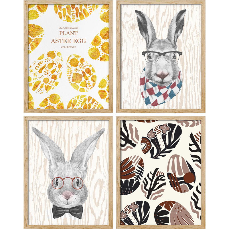 Lapin de Pâques, lunettes de hipster, œuf de Pâques, animal encadré sur papier, impression de 4 pièces, Naturel
