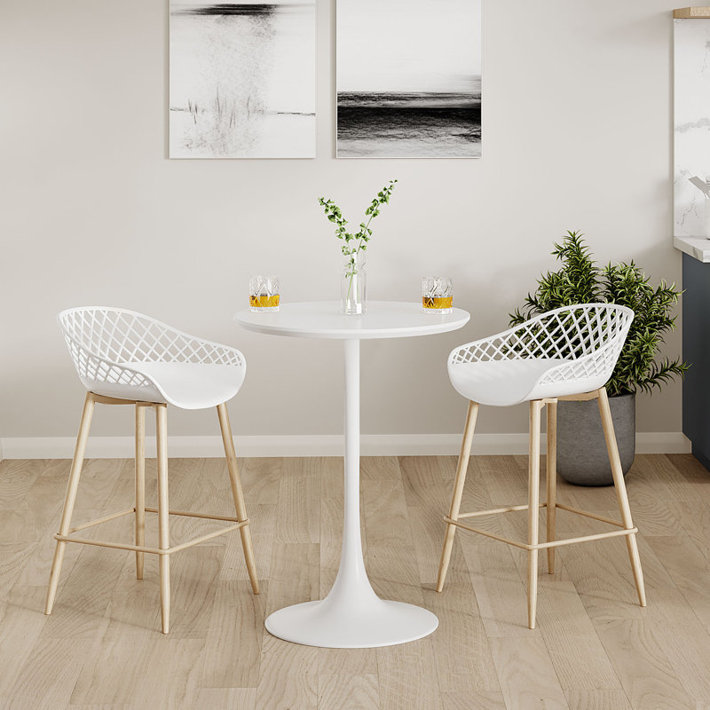 Beitske Counter Height 24" Dining Table and Steel Pedestal Base Indoors plus Counter Stools, White