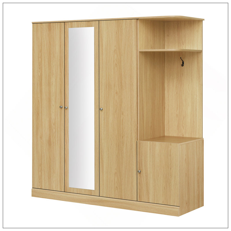 Armoire 4 portes avec tablettes, tiroirs et miroir pleine grandeur, Naturel
