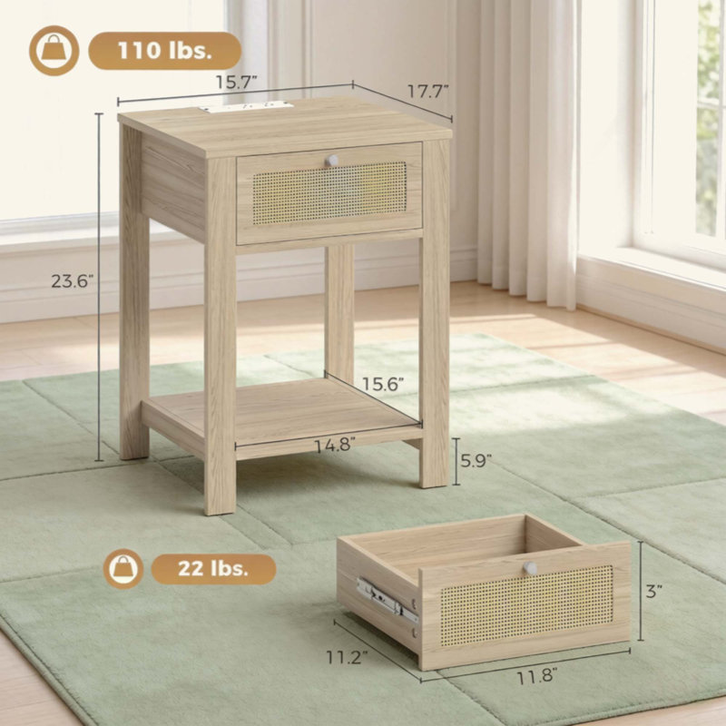 2 pièces, table de bout, table de chevet avec station de charge, tiroir et tablette ouverte