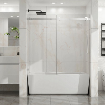 Porte de douche sans cadre, porte en verre coulissante silencieuse de style épuré, verre trempé transparent de 1/4 po (6 mm) d'épaisseur avec revêtement facile à nettoyer, acier inoxydable 304 robuste