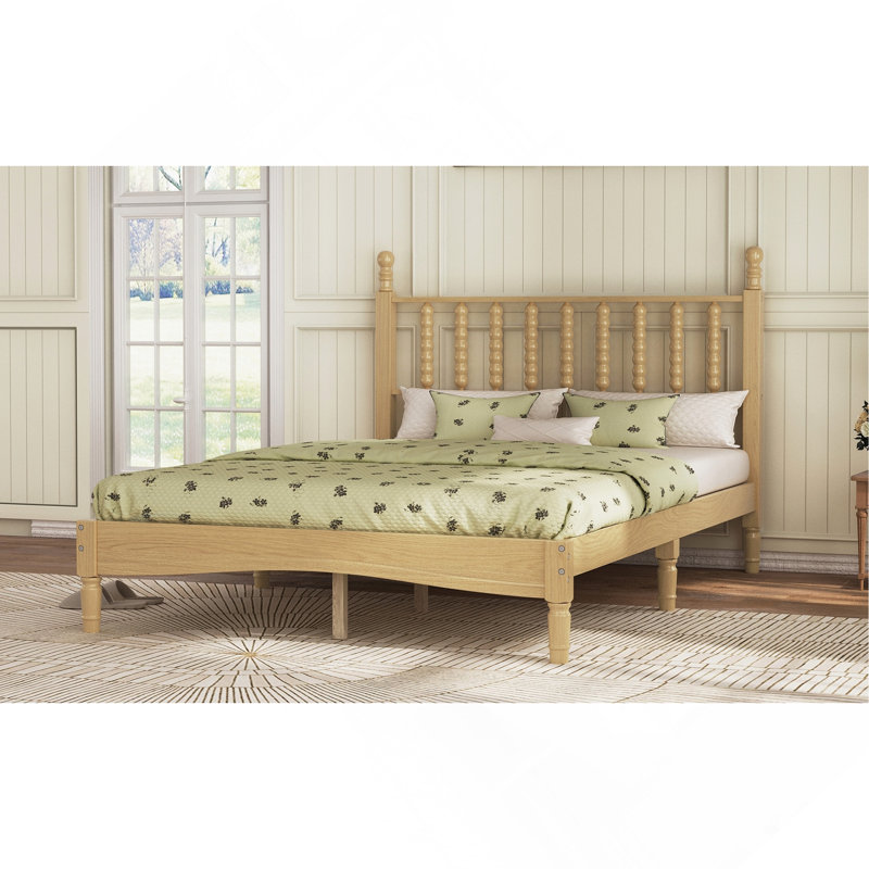 Lit plateforme très grand en bois avec tête de lit en forme de gourde, style rétro avec support à lattes, naturel, Lit double