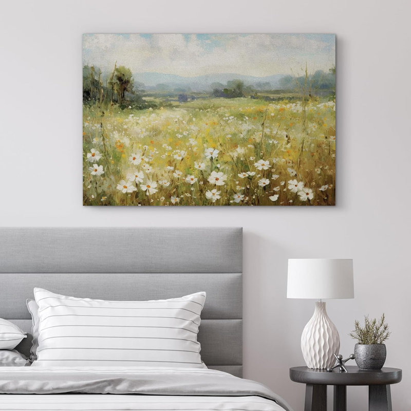 «Vibrant Wildflower White Daisy Flowers Meadow», impression sur toile, Toile tendue, H 24 po x l 36 po, No Frame