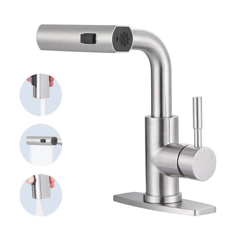 Single Handle Pull Out Kitchen Faucet With Unique 90° Swivel Sprayer Head In Three Function Modes, Brushed Nickel
