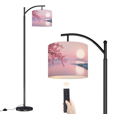 Arc Floor Lamp Cherry Blossom Branch Pink Sunset Lake Full Moon Reflection Misty Floor Lamps with Remote LED Lights Adjustable Lamp Shades Tall Standing Lamps for Reading Office Living Room