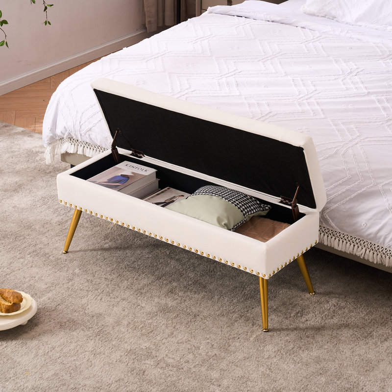 Banc repose-pieds en velours avec rangement, Ivoire, H 16,7 po x l 40 po x P 14,4 po