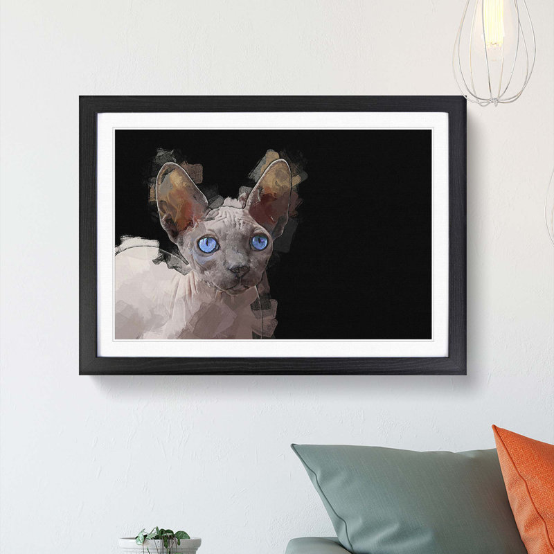 Blue Eyed Sphynx Cat in Abstract - Picture Frame Graphic Art Print, Black Framed, 62cm H x 87cm W x 2cm D