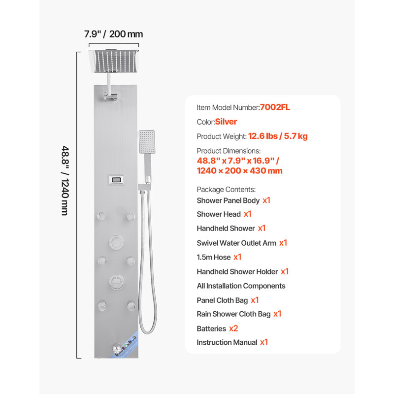Système de tour de douche avec colonne de douche en acier inoxydable et jet de massage 4 modes