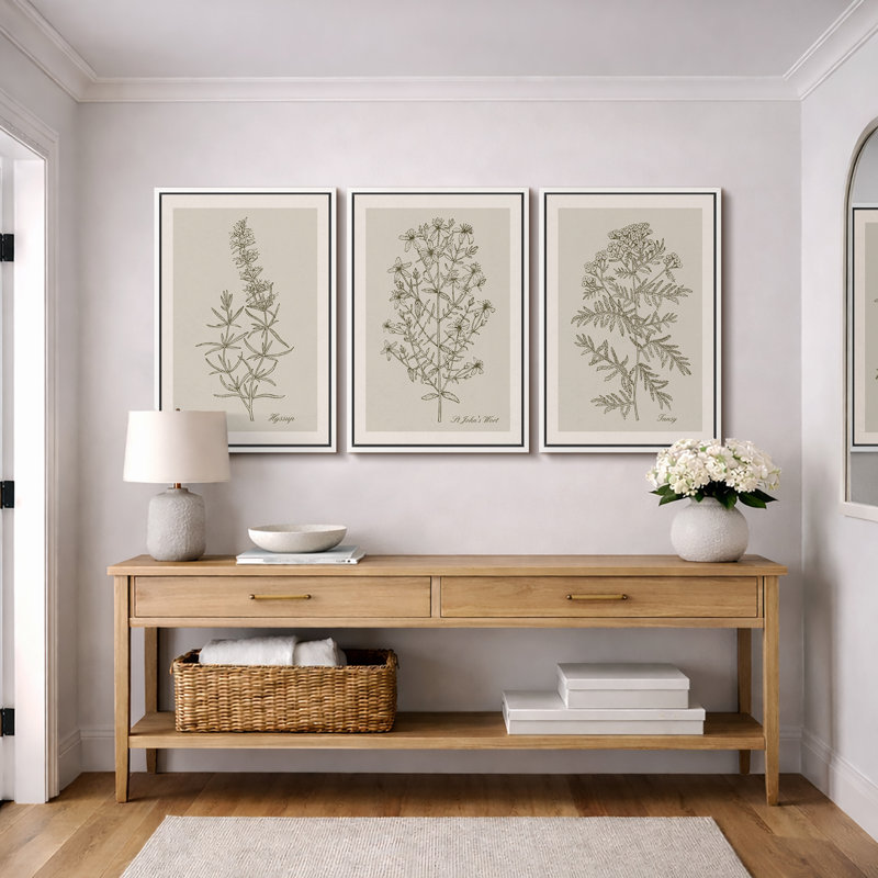 Minimal Botanical "Duotone Beige Green Classic Artwork, Simple Neutral Botanical Wall Pictures, Large Framed Canvas Giclee Print 3 Pieces Wall Art Set"  16"x24"x3 pcs, 24"x36"x3 pcs