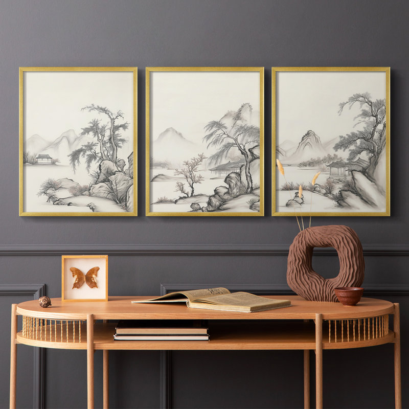 Lanscape Study Series VI -Set de 3 estampes numériques giclées -Prêt à accrocher, Or, H 14 po x l 33 po
