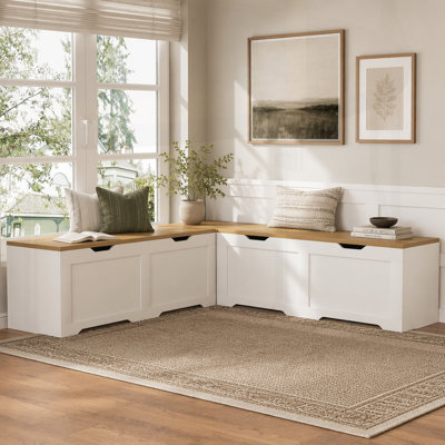 Banc de rangement multifonctionnel en forme de L 3 pièces avec siège rembourré, idéal pour la cuisine, le rangement des jouets et le coin lecture, P 63 po x l 63 po