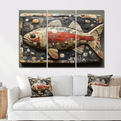 Poisson inuit canadien dans des tons rouges et noirs - ensemble de décoration murale d'art inuit canadien