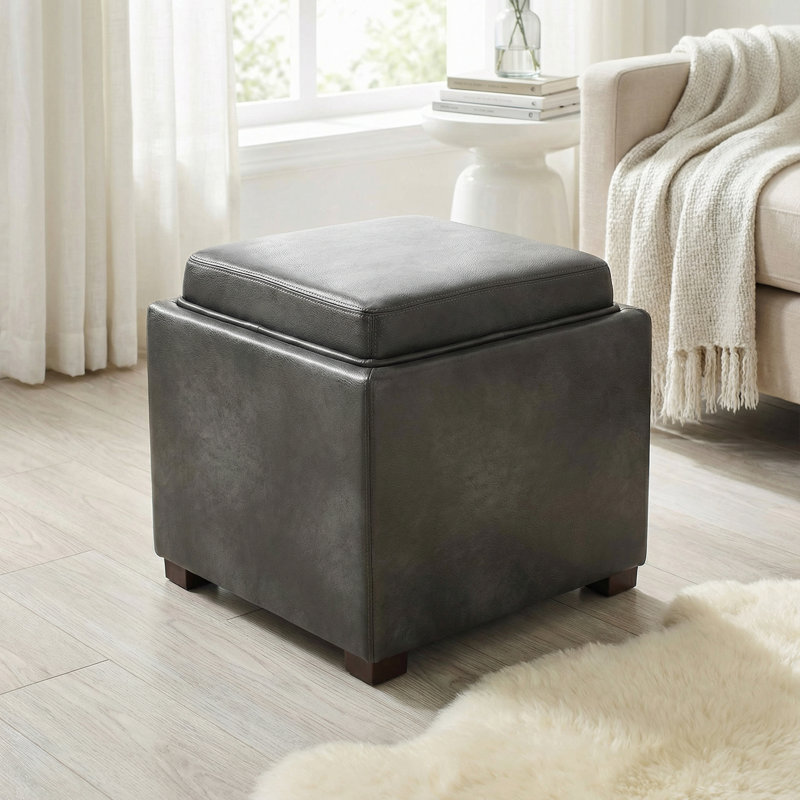 Newfield Grey Wood Top Tray Storage Cube Ottoman in Bonded Leather, Gray Faux Leather