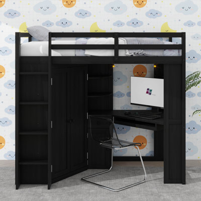 Twin Size Loft Bed With Built-In Large Wardrobe And Workstation, All-In-One Space-Saving Elevated Bed With Pull-Out Keyboard Shelf, Charging Outlet And Dual Metal Lamps