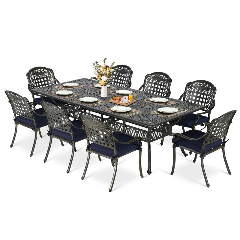 Wildon Home® 9-Piece Outdoor Patio Dining Set For 8, All Weather Cast Aluminum Patio Funiture Table And Chairs Set- 94.5" Rectangular Table And 8 Cushioned Chairs For Garden, 2" Umbrella Hole