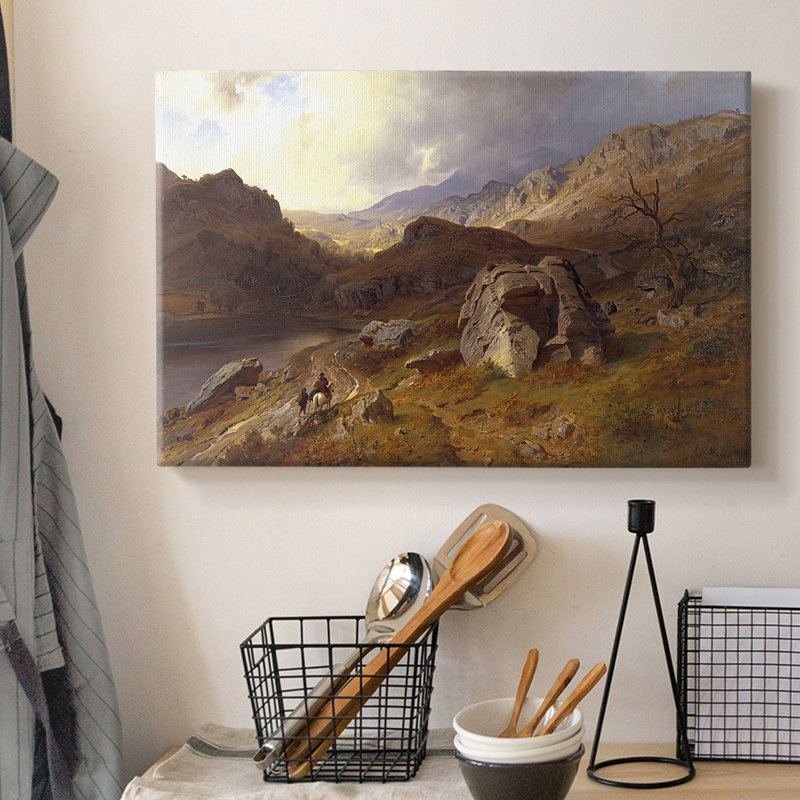 Paysage de montagne avec des cavaliers-Hans Gude-Toile tendue avec châssis-c. Milieu du 19e siècle, 8 x 12