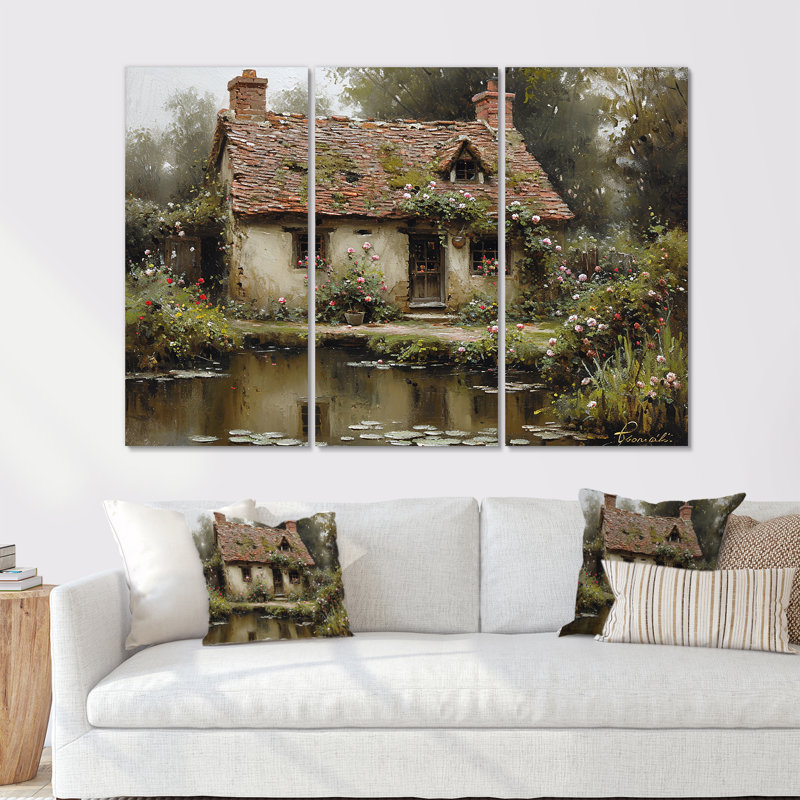 Mystérieuse maison de campagne rustique près de l'étang - ensemble d'art mural imprimé campagne, Toile tendue