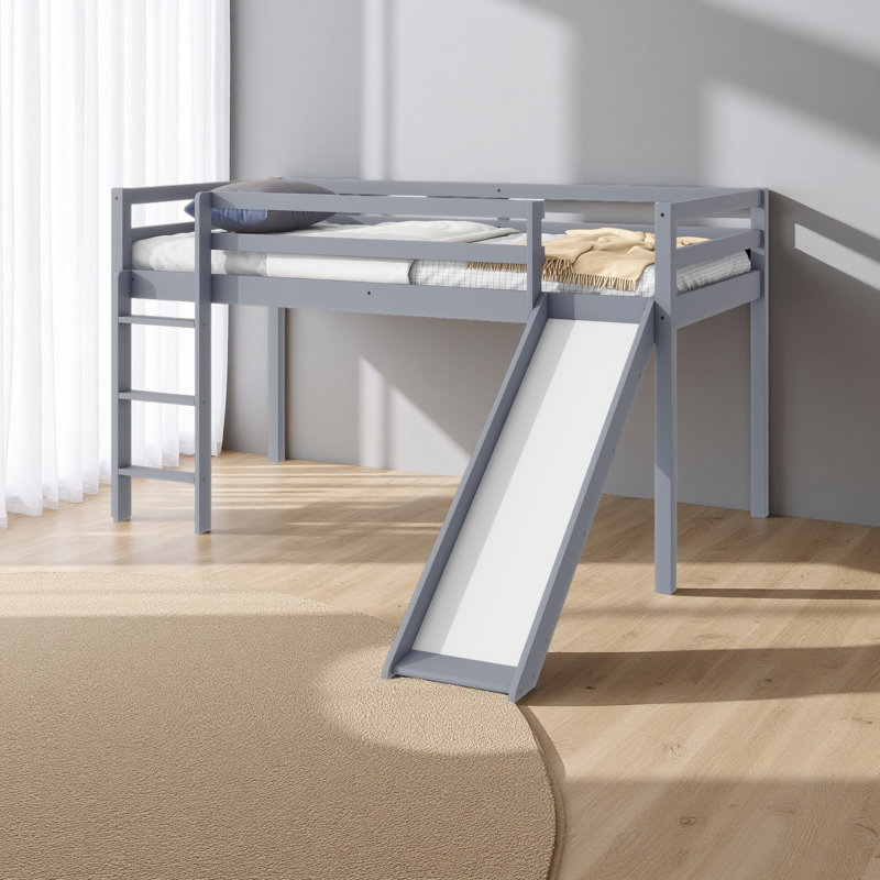 Twin Low Loft Bed With Slide, Ladder, Safety Guardrails, Gray
