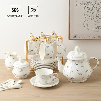 23 Piece Floral Porcelain Teapot Set with Relief Gold Rim & Metal Holder, Blue Flower Tea Service for 6 Adults