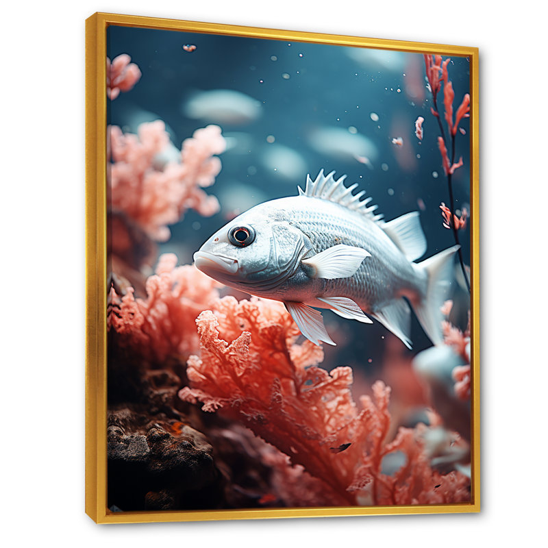 Danse de poissons monochrome bleue et grise, Cadre flottant doré, 40" H x 30" W