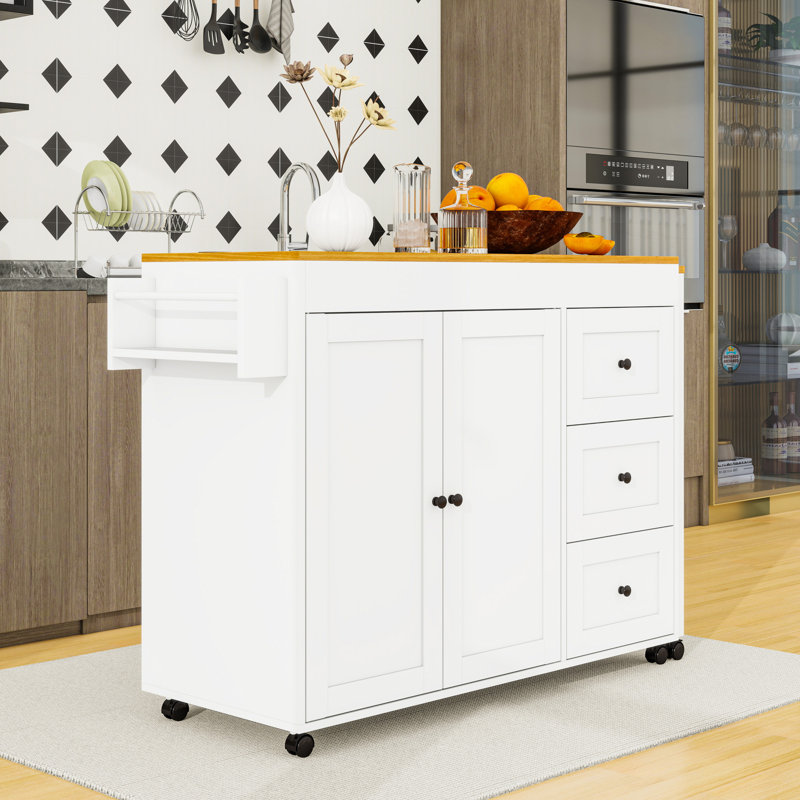 Chariot roulant pour îlot de cuisine avec table extensible, 3 tiroirs, armoire de rangement et prise de courant, Blanc