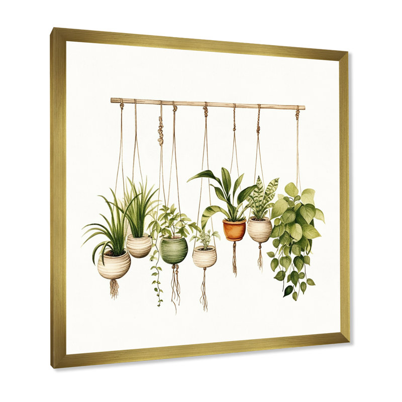 Plantes suspendues aquarelle botanique bohème, H 36 po x l 36 po x P 1,5 po, Cadre doré à une seule photo