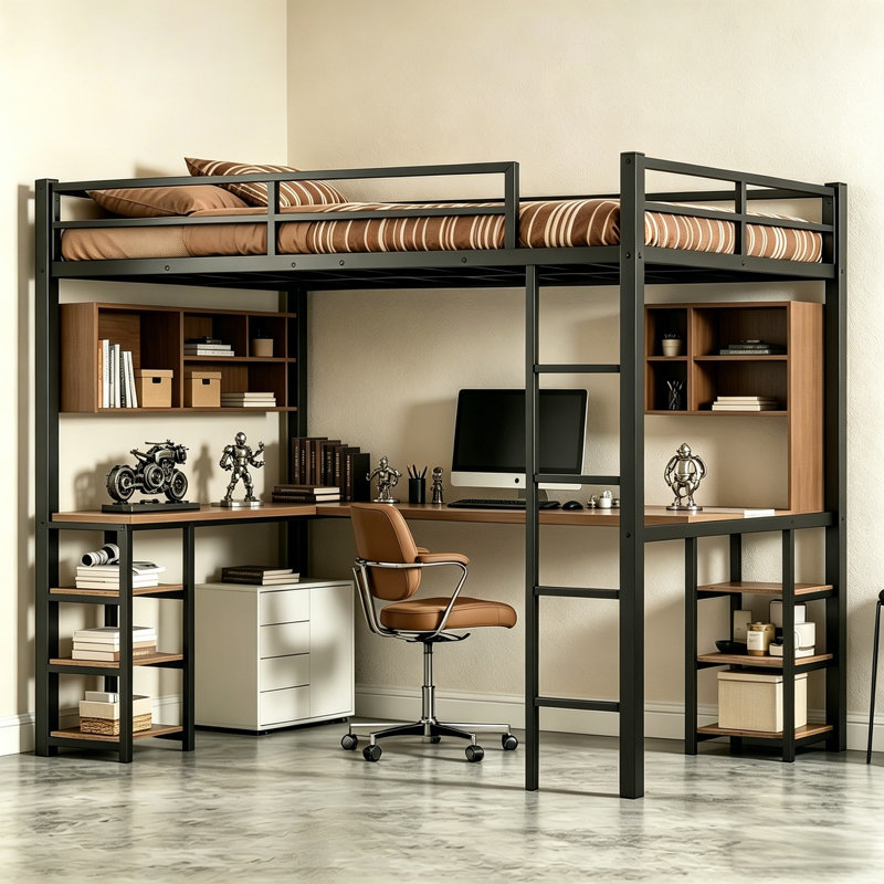 Full XL Metal Loft Bed with L-Shaped Desk, Metal Loft Bed with Storage Shelves, Safety Guardrail & Ladder, Noise-Free Space Saving Metal Loft Beds Frame, No Box Spring Needed, for Bedroom, Dorm & Gaming Room, Black