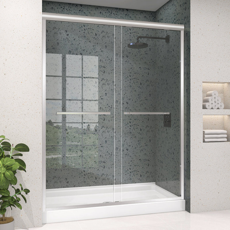 60" X 75" Shower Door Double Sliding Semi-Frameless With Brushed Nickel & Nano Anti-Fog Easy-Clean Tempered Glass fro Bathroom