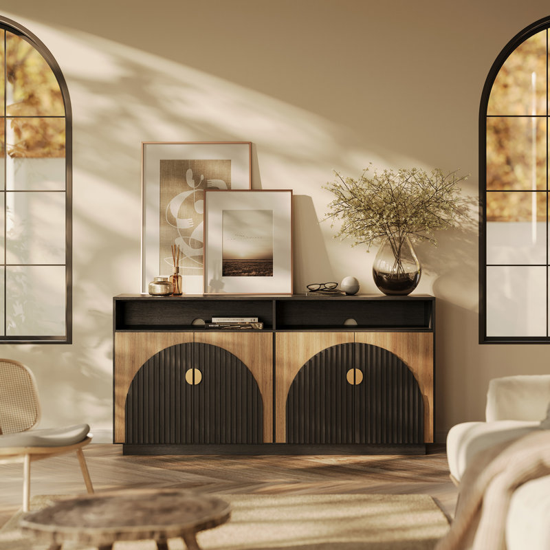 65 Inch Fluted TV Stand, Mid Century Modern Entertainment Center with Storage Cabinets & Open Shelves, Media Console TV Cabinet - Set of 2