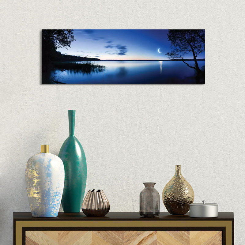 Moon Rising Over Tranquil Lake Against Moody Sky, Mozhaisk, Russia. by Evgeny Kuklev - Wrapped Canvas Panoramic Gallery-Wrapped Canvas Giclée