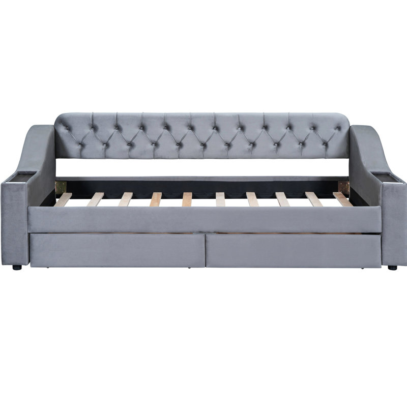 Gray Upholstered Twin Daybed With Armrest Storage & - Practical Bedroom Addition Elegant Sleeping Option, Gray