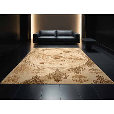 Tapis brun doux et moelleux à motif damassé planétal classique