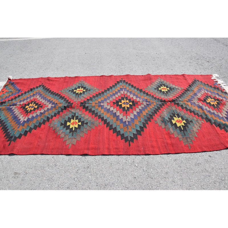 Grand tapis kilim turc tissé à la main en rouge vif avec motif géométrique pour une décoration bohémienne