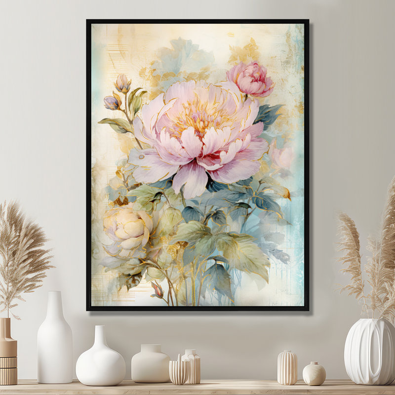 Millville - pivoine, art mural, Cadre flottant noir, bois massif, H 20 po x l 12 po