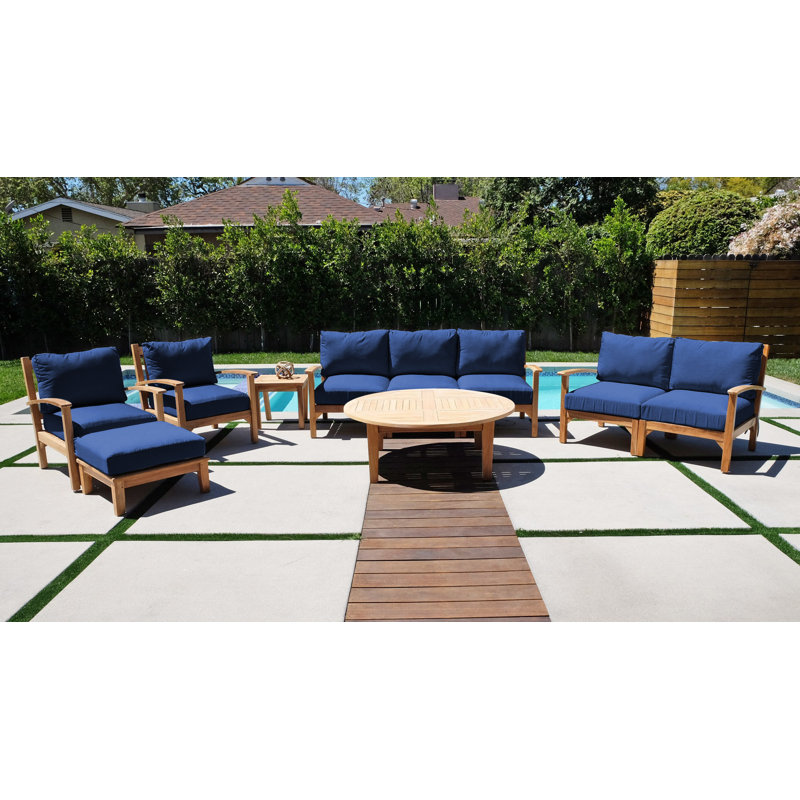 Ensemble de conversation en teck avec coussins Sunbrella 7 pièces Huntington, Saphir