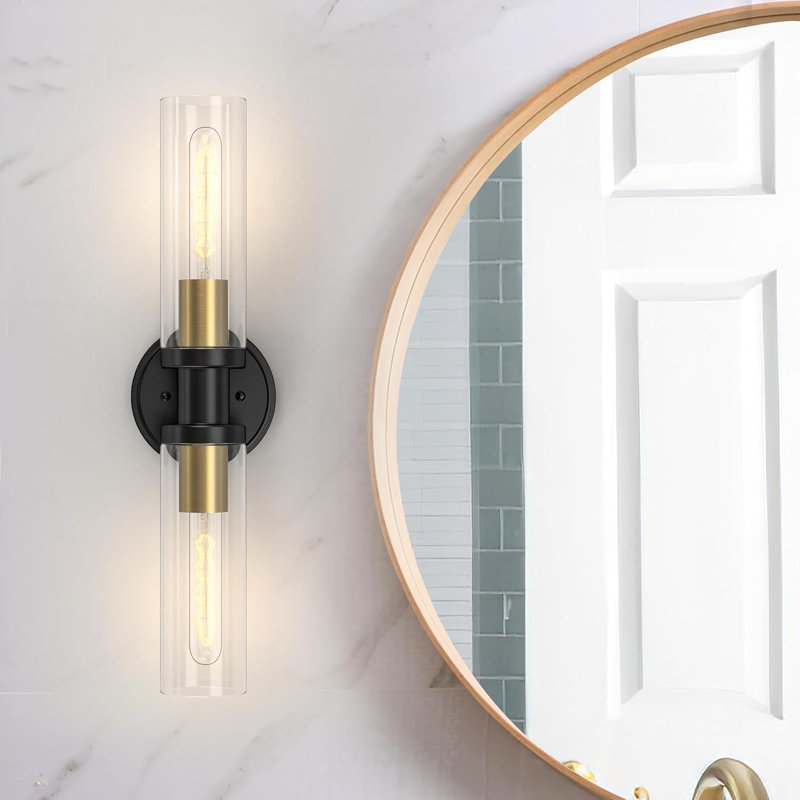 Luminaire de meuble-lavabo moderne avec abat-jour en verre, finition dorée brossée, fixation verticale ou horizontale réglable, base E26, applique murale à intensité variable pour miroir