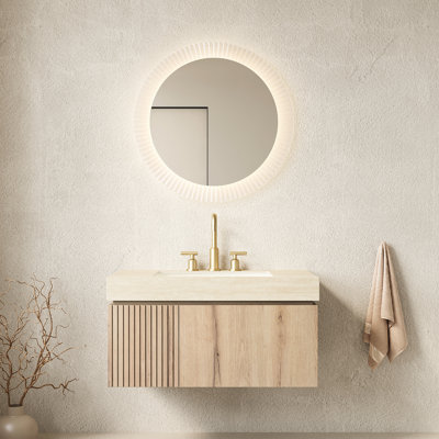 Meuble-lavabo flottant de 36 po avec lavabo en céramique et comptoir en pierre frittée, rangement en contreplaqué, porte de tiroir, 3 trous de robinet pré-percés, assemblé, eau, chêne blanc beige, lavabo à fermeture douce, rangement